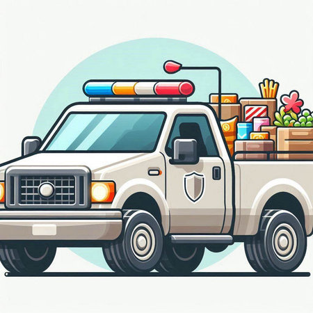 Vector illustration of a white pick up truck with boxes on the roofのイラスト素材