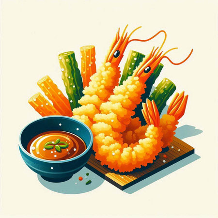 Illustration of japanese food with shrimps and vegetablesのイラスト素材