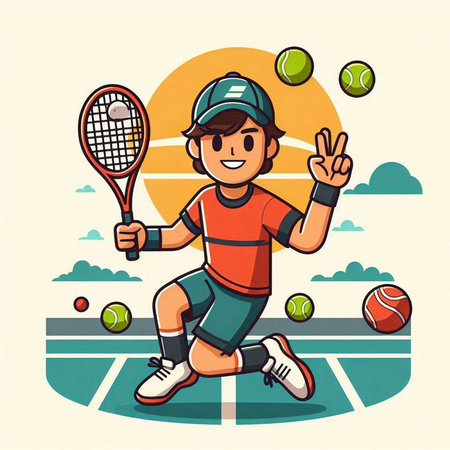 Tennis player with racket and ball. Vector illustration in cartoon style.のイラスト素材