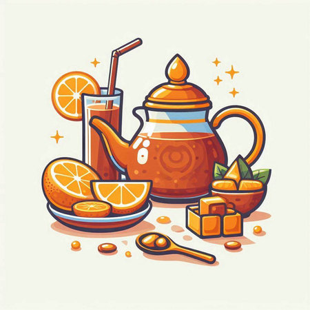Vector illustration of a teapot with a cup of tea, orange and sugar cubes.のイラスト素材
