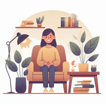 Girl sitting in armchair and reading a book. Vector illustration.のイラスト素材