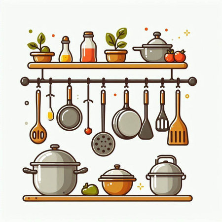 Kitchen utensils on the shelf. Vector illustration in flat styleのイラスト素材