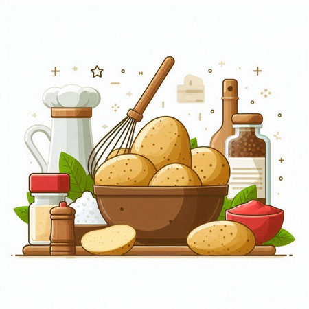 Potatoes in a bowl, spices and salt. Vector illustration.のイラスト素材