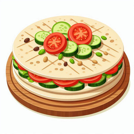 Tortilla with vegetables on a wooden board. Vector illustration.のイラスト素材