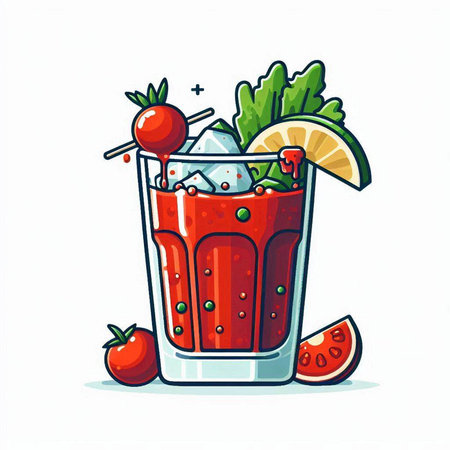 Bloody Mary cocktail with lime and tomatoes. Hand drawn vector illustration.のイラスト素材