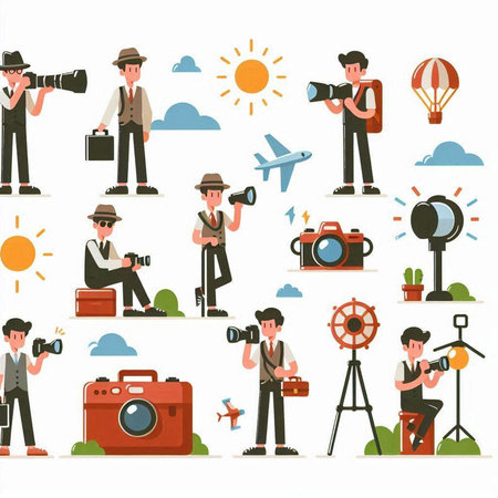 Photographer and photographer equipment. Vector illustration in flat cartoon style.のイラスト素材