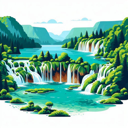 Waterfalls in the forest. Waterfall landscape. Vector illustration.のイラスト素材