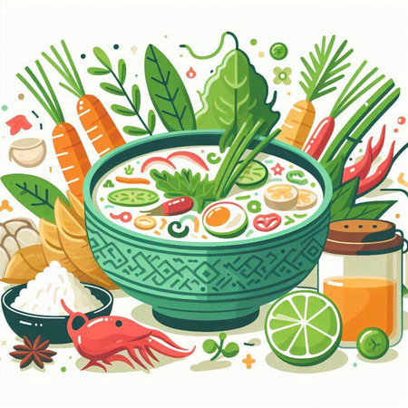 Bowl of Thai soup with vegetables and spices. Vector illustration.のイラスト素材
