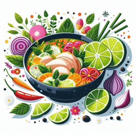 Vector illustration of a bowl of spicy chicken soup with herbs and vegetables.のイラスト素材