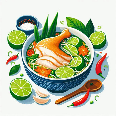 Chicken soup in a bowl with lime and chili pepper. Vector illustration.のイラスト素材