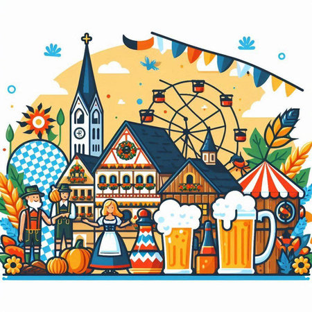 Vector illustration of Oktoberfest festival with traditional Bavarian symbols.のイラスト素材