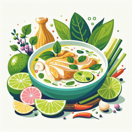 Illustration of a bowl of Thai soup with chicken and ingredients.のイラスト素材