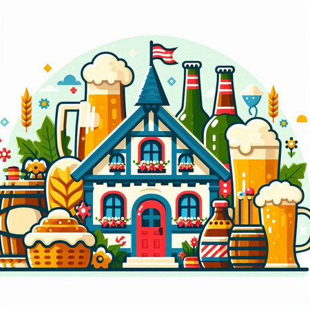 Oktoberfest background with traditional German houses, beer glasses and pretzel. Vector illustration.のイラスト素材