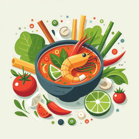 Tom Yum Goong, Traditional Thai Cuisine, Vector Illustrationのイラスト素材