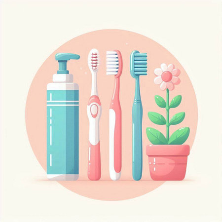 Toothbrushes, toothpaste and flower in a pot. Vector illustration.のイラスト素材