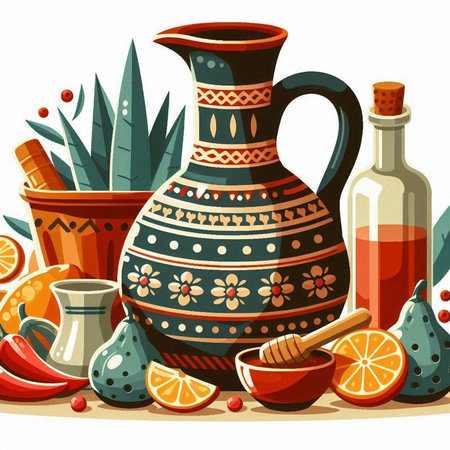 Cartoon vector illustration of clay jug with olive oil, honey, fruits and spices.のイラスト素材