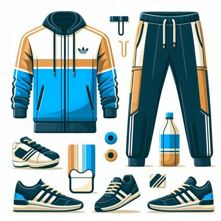Sportswear set. Blue sportswear and sneakers. Vector illustrationのイラスト素材