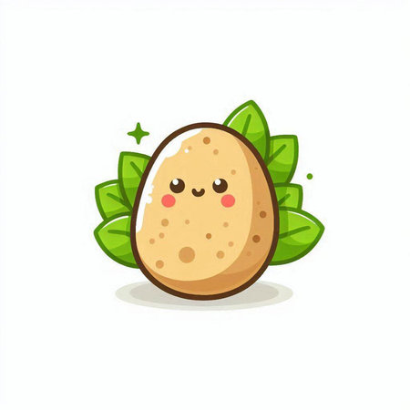 Cute potato character with green leaves on white background. Vector illustration.のイラスト素材