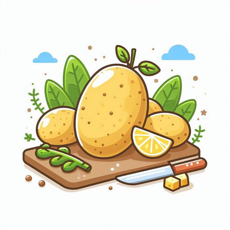 Potatoes and lemons on a cutting board. Vector illustration.のイラスト素材
