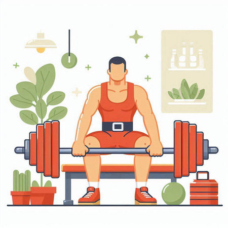 Fitness man doing exercises with barbell. Flat vector illustration.のイラスト素材