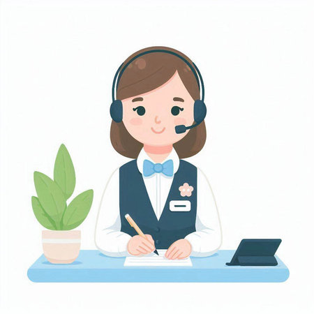 Female receptionist wearing a headset and writing in a notebook. Vector illustration.のイラスト素材