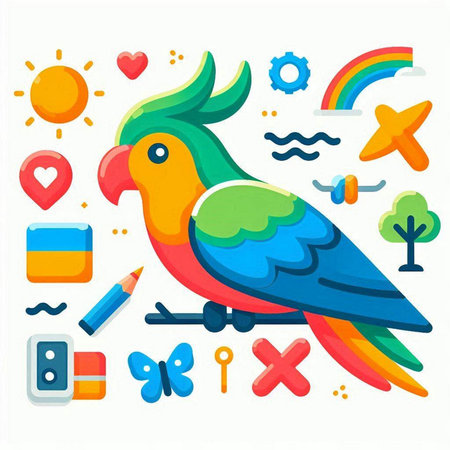 Colorful parrot with set of icons, vector illustration in flat styleのイラスト素材