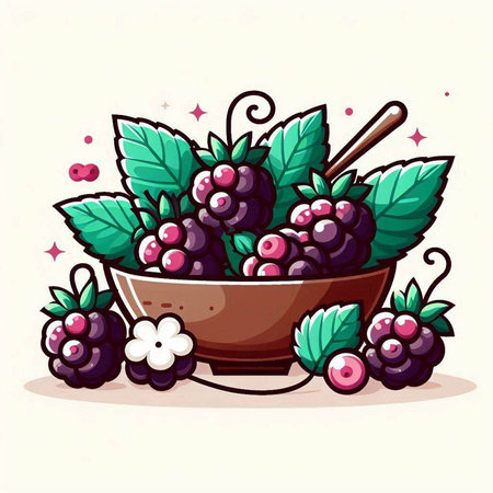 Bowl of fresh blackberries with leaves and spoon. Vector illustration.のイラスト素材