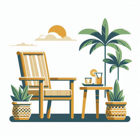 Wooden deck chair with table and palm trees. Vector illustration.のイラスト素材