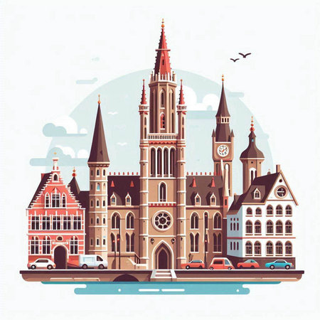 Bruges, Belgium. Landmark of the city. Vector illustrationのイラスト素材
