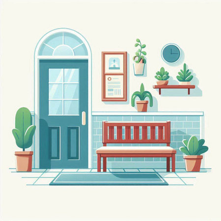Flat design vector illustration of a cozy living room with a wooden bench, a window and plants.のイラスト素材