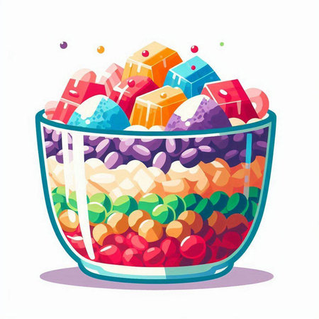 Colorful candies in glass bowl isolated on white background. Vector illustration.のイラスト素材