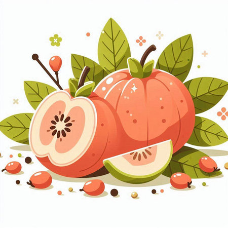 pumpkin with leaves and berries on a white background, vector illustrationのイラスト素材