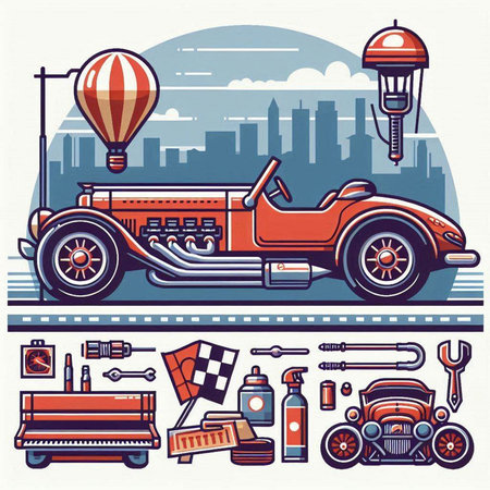 Retro car and hot air balloon. Vector illustration in vintage style.のイラスト素材