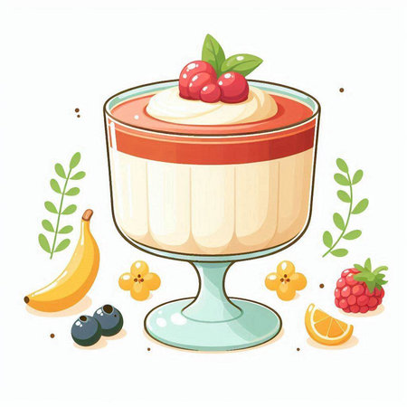 Creamy panna cotta with berries and fruits. Vector illustration.のイラスト素材