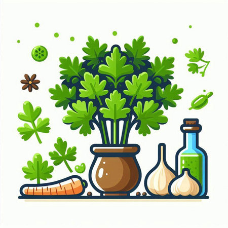 Parsley in a pot and spices. Vector illustration in flat styleのイラスト素材
