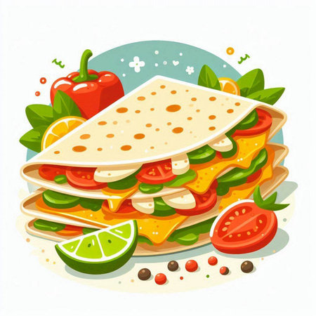 Mexican quesadilla with vegetables and herbs. Vector illustration.のイラスト素材