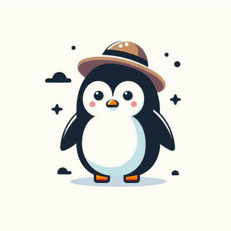 Cute penguin in a hat on a white background. Vector illustration.のイラスト素材