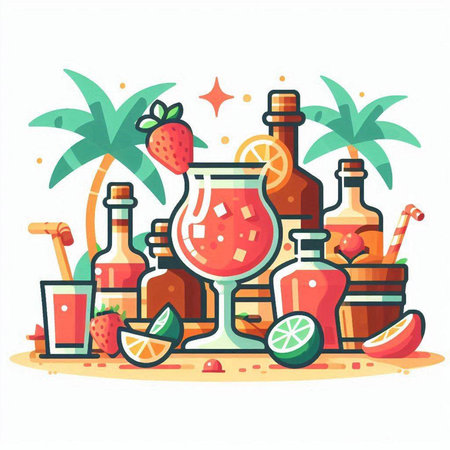 Summer flat vector illustration. Cocktail, tequila, mojito, rum, liqueur, lemonade.のイラスト素材