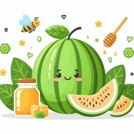 Cute cartoon watermelon character with honey and leaves. Vector illustration.のイラスト素材