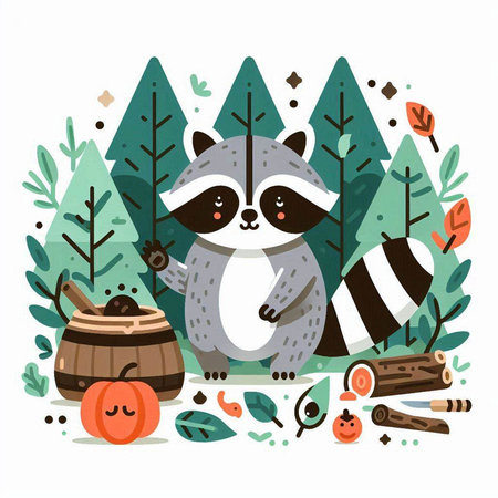Cute raccoon in forest. Vector illustration in flat style.のイラスト素材