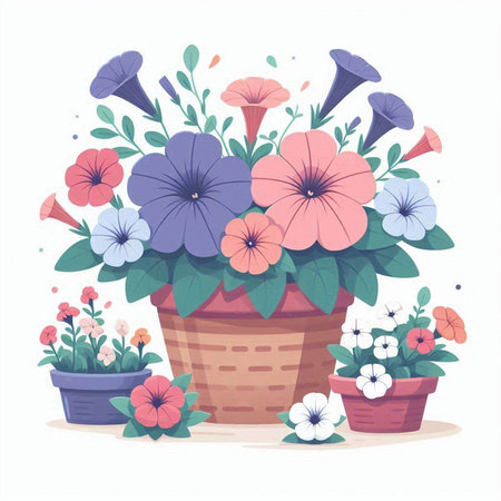 Flowerpot with flowers and plants. Vector illustration in flat styleのイラスト素材