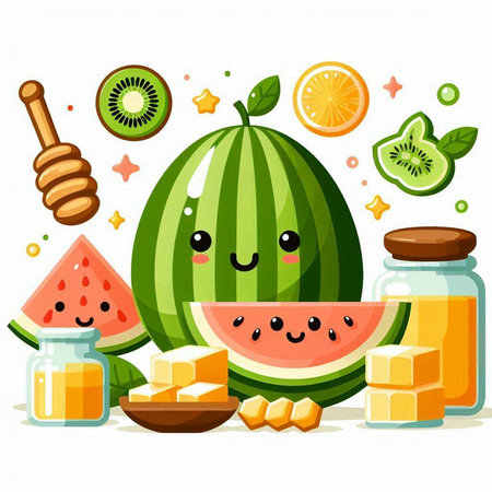 Funny watermelon character with fruits and honey. Vector illustration.のイラスト素材