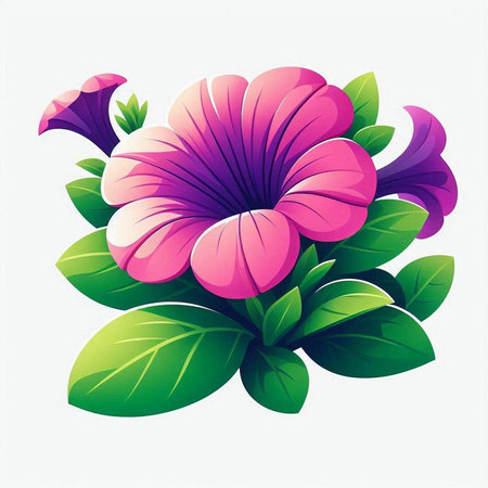 Illustration of a beautiful purple flower with green leaves on a white backgroundのイラスト素材