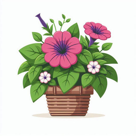 Flowerpot with pink and purple flowers isolated on white background. Vector illustration.のイラスト素材