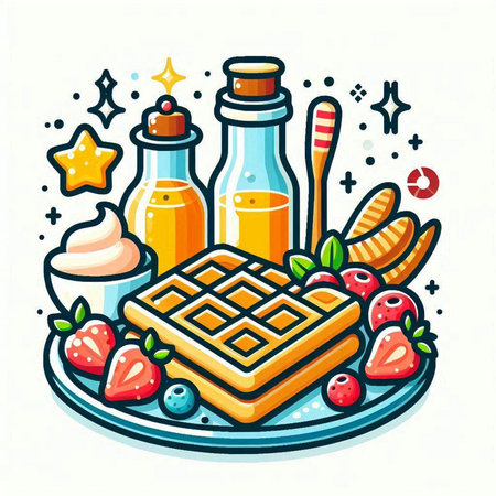 Belgian waffles with fresh berries. Vector illustration in doodle style.のイラスト素材