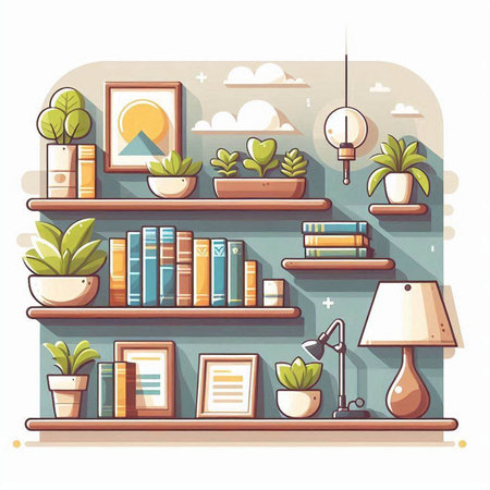 Bookshelf with books, lamps and plants. Vector illustration.のイラスト素材