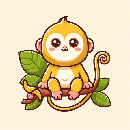 Cute cartoon monkey sitting on the branch with leaves. Vector illustration.のイラスト素材