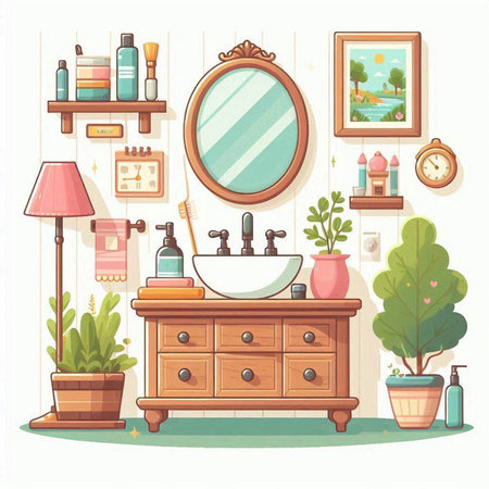 Bathroom interior with furniture and accessories. Vector illustration in flat styleのイラスト素材