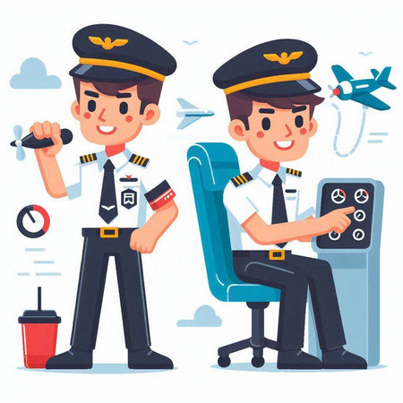 Pilot and stewardess in uniform sitting on a chair. Vector illustrationのイラスト素材