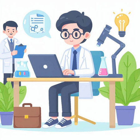 Scientist working at his desk. Vector illustration in cartoon style.のイラスト素材